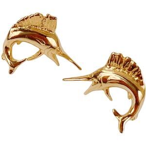Vintage Post Earrings Marlin Fish Nautical Coastal 80s 90s Gold Tone Swordfish